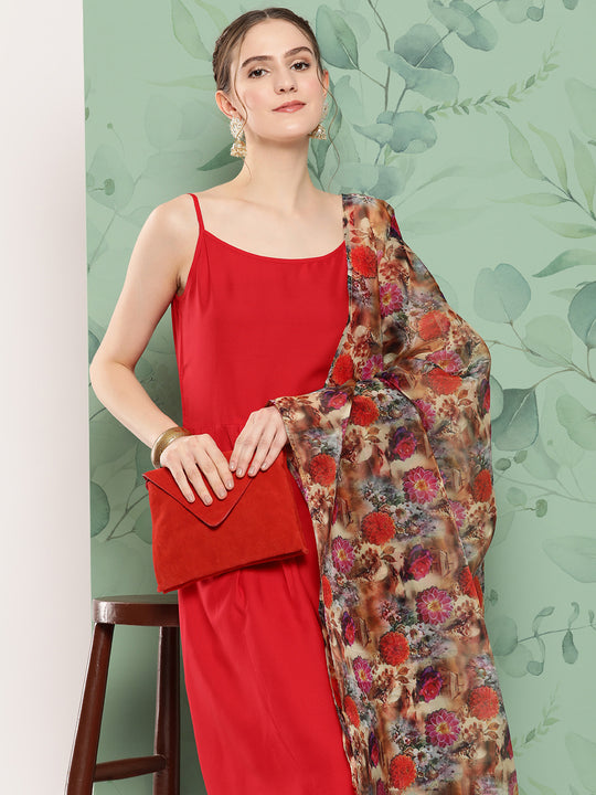 Red Strappy Set W Camel Brown Or Duptta