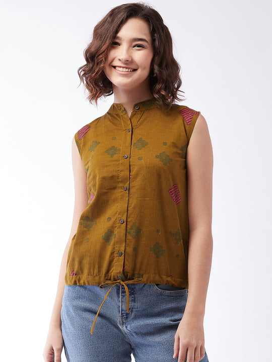 Brown Printed Top Sleeveless For Teens