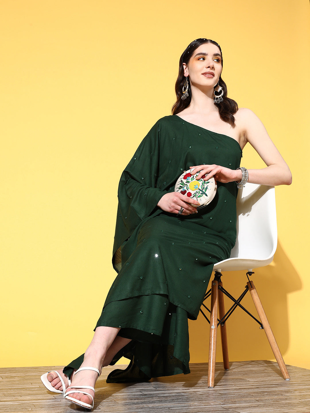 Green Mirror Work One Shoulder Kurta Set