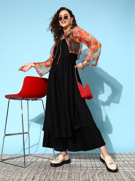 Strappy Set In Black With Green Floral Short Or Cape