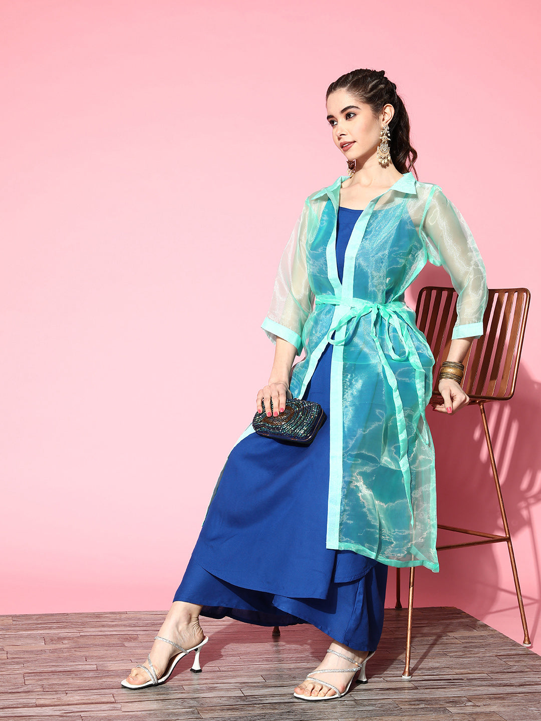 BLUE HILLS COCKTAIL RAYON 14KG FOIL PRINT EMBORIDARY WORK FRILL GOWN