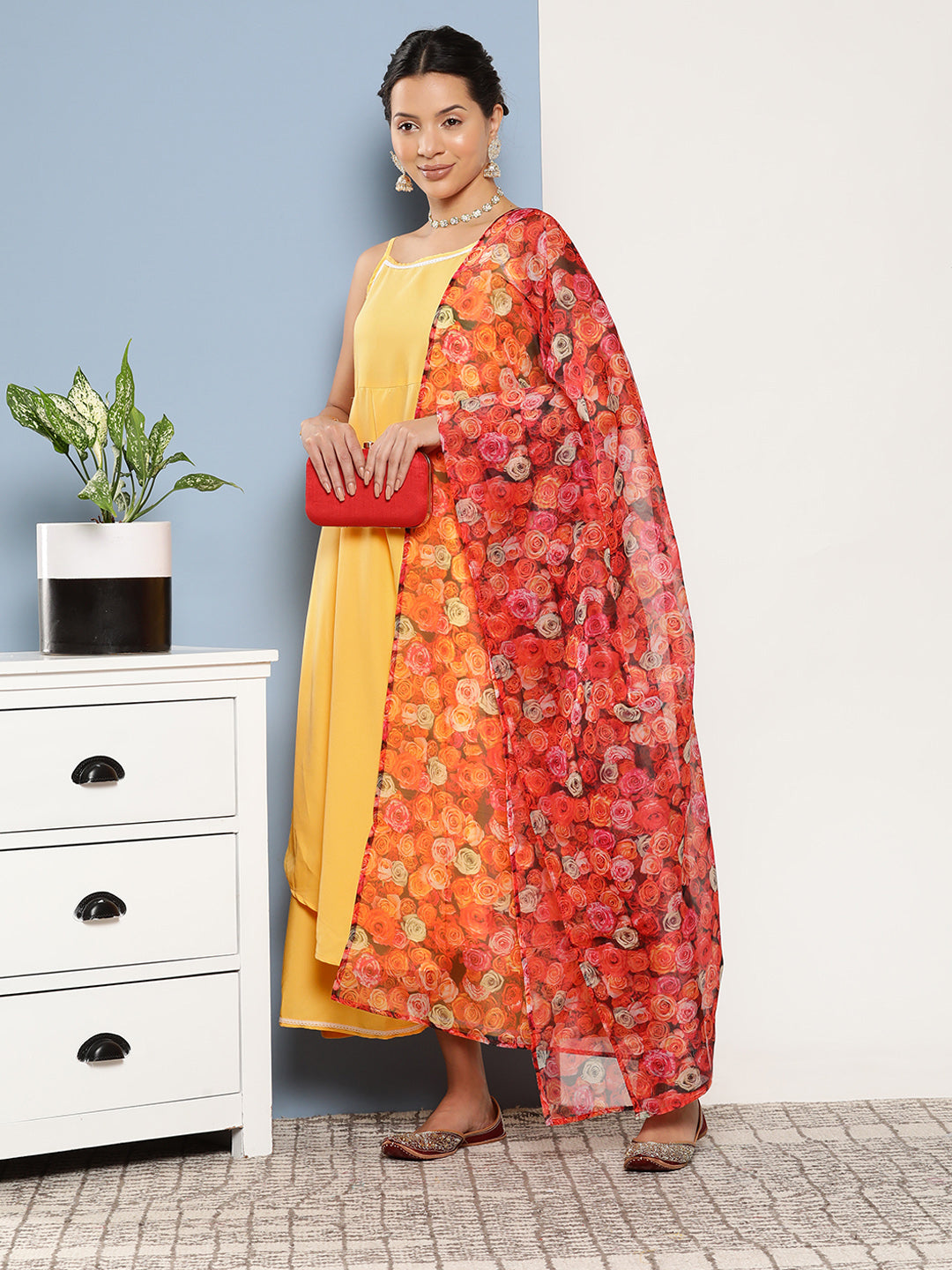 Cassatta Yellow Cr Strappy Set With Rose Print Dupatta