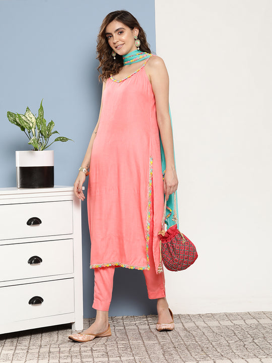 Pink Lace Work Straight Strappy Kurta Set With Turquoise Chiffon Dupatta