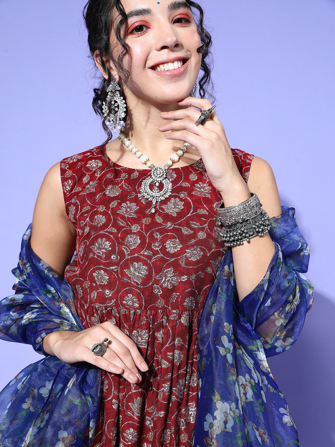Burgundy Printed Kurta Sharara Set With Blue Organza Dupatta