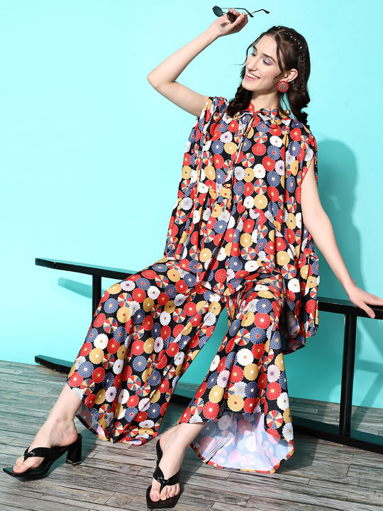 Red White Round Motif Tiered Kaftan Kurta Set