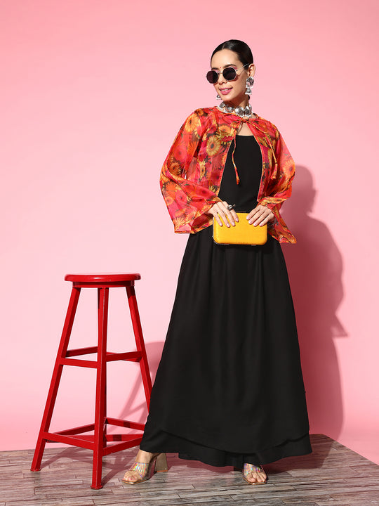 BLACK STRAPPY SET WITH PINK MUSTARD FLORAL SHORT ORGANZA CAPE