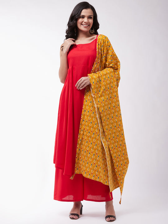 Red Strappy Kurta Palazzo Set With Mustard Ikkat Duptt