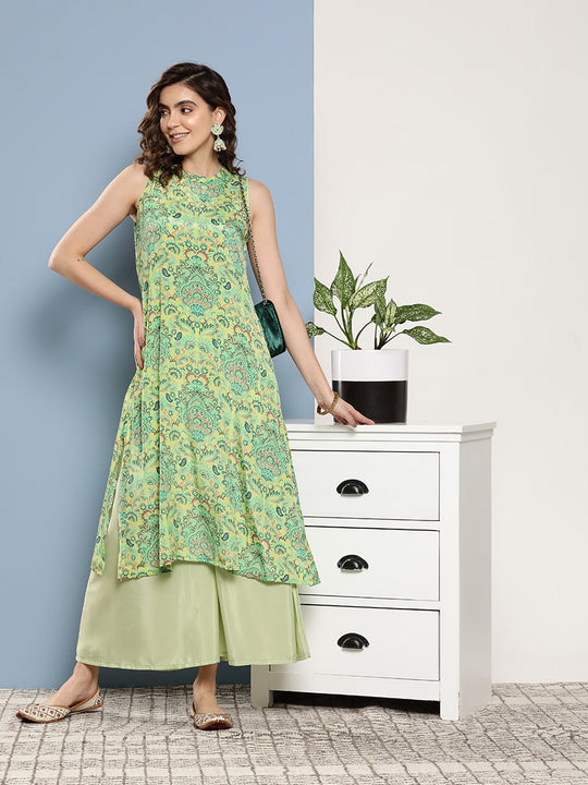 Green Pastel Print Halter Kurta Set