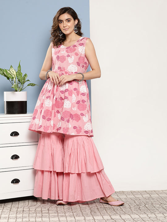 Pink Printed Chintz Tiered Sharara Set