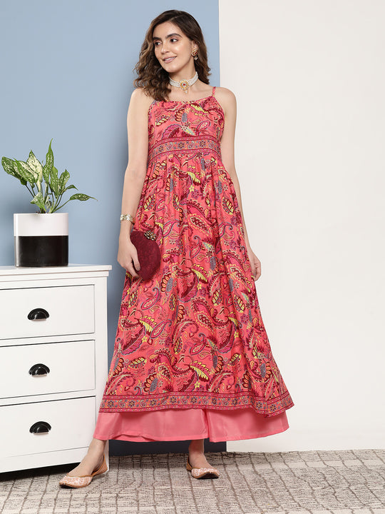 Camelia Pastel Peach Print Strappy Kurta Set