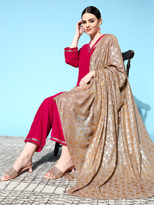 Fuschia Velvet Kurta Set With Grey Gold Georgette Dupatta