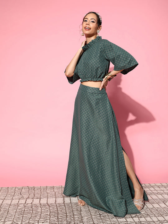 Hunter Green Gold Crop Top With Side Slit Skirt