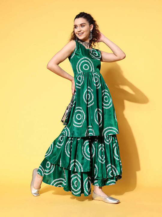 Green Bandhani Motif Tiered Sharara Set