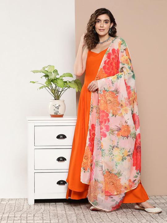 Orange Strppy Set With Red Big Floral Print Dupatta