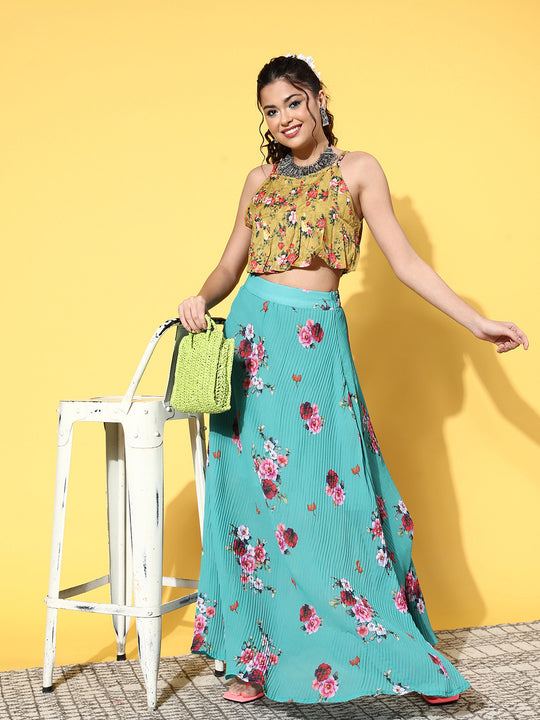 Blue Floral Print Pleated Skirt