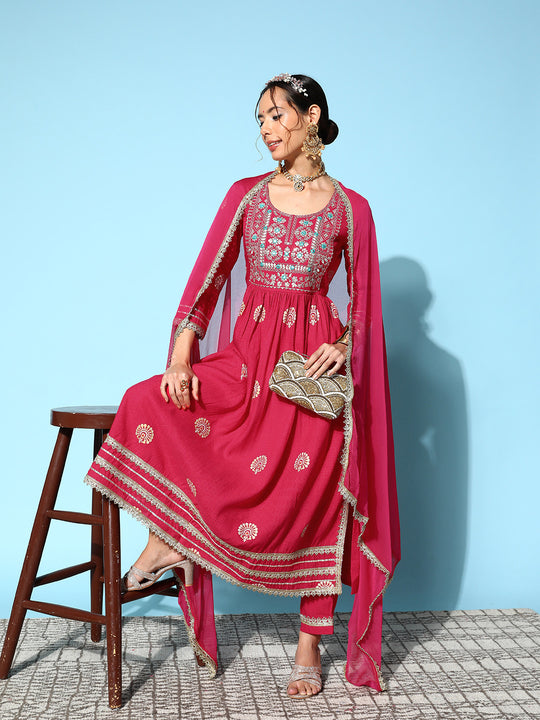 Pink Nyra Cut Embroidered Kurta Set With Dupatta