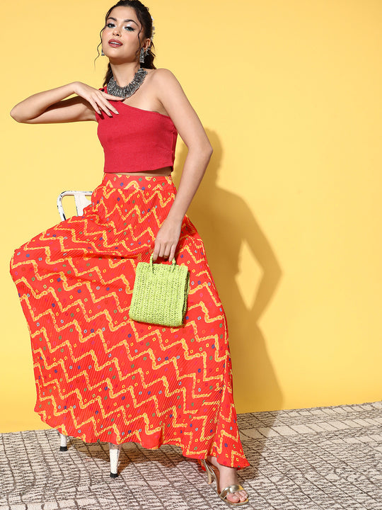 Orange Bandhej Pleated Skirt