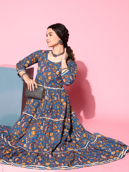 BLUE FLORAL PRINT DRESS WITH LACE