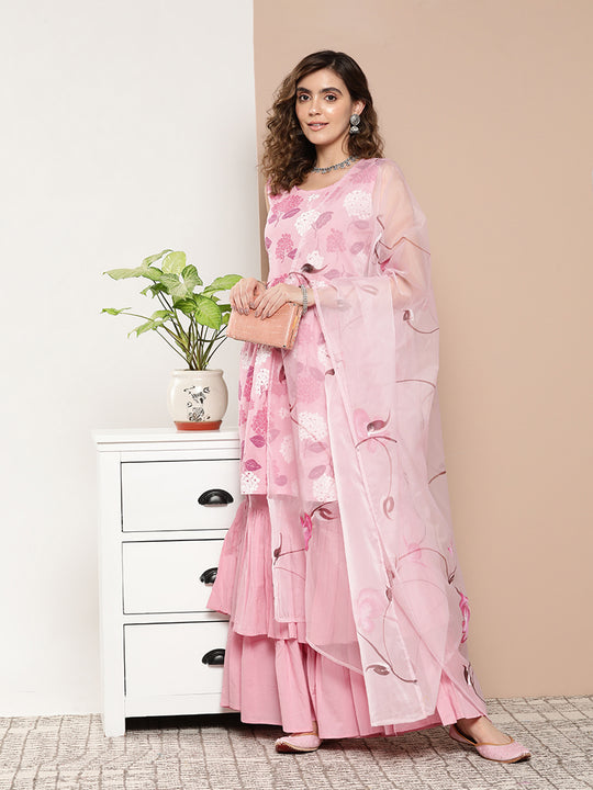 Pink Printed Chintz Tiered Sharara Set With Dupatta