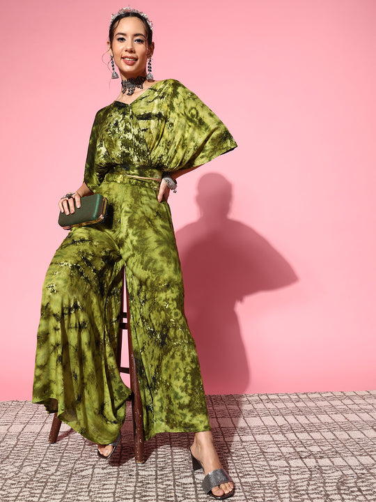 Olive Tie And Dye New Neckline Top Culottes Set