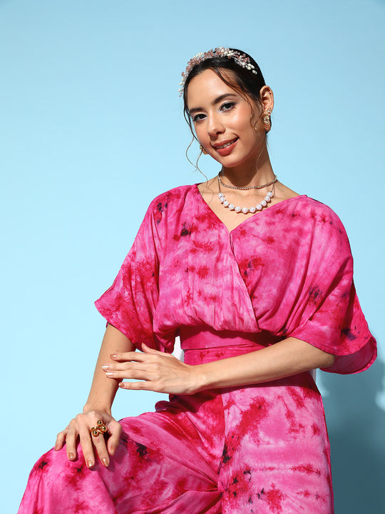 Magenta Tie And Dye New Neckline Top Culottes Set