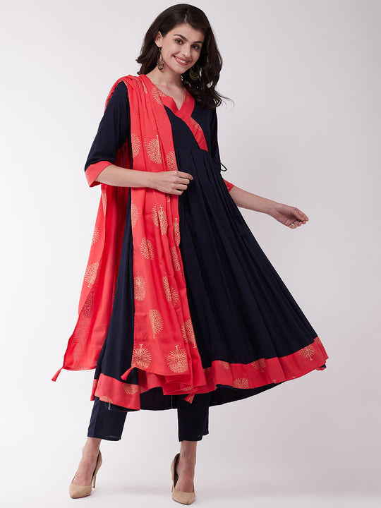 Blue Kurta Pant Set with Red Border