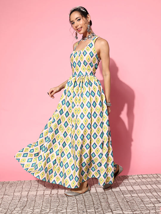 Off White Teal Ikkat Print Raisa Back Detail Dress