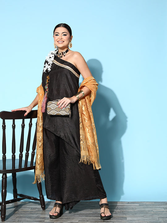 Black One Shoulder Kurta Set - Gota Work W Dupatta