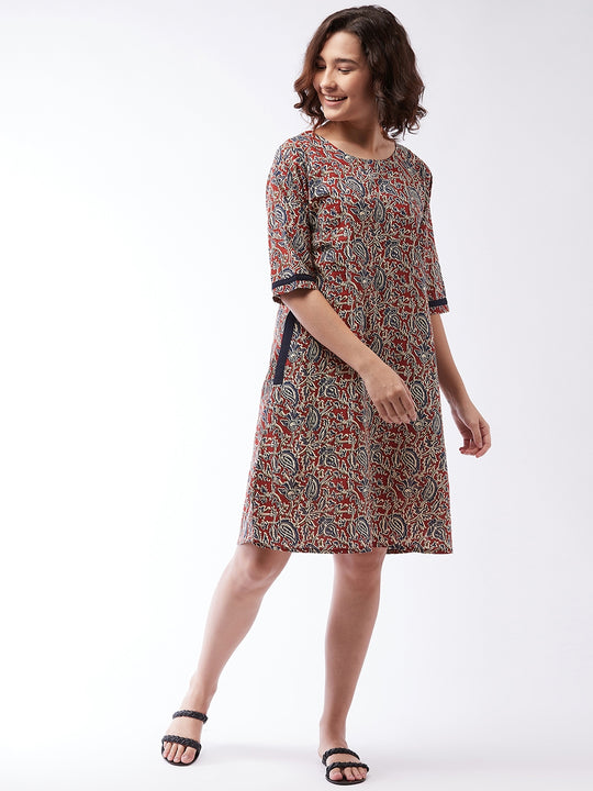 Maroon Kalamkari Short Dress For Teens