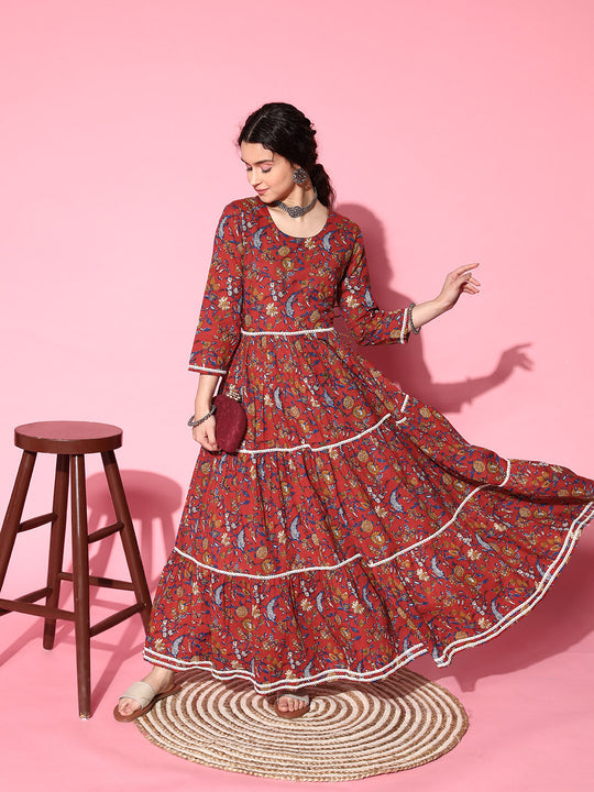 RED FLORAL PRINT TIERED DRESS WITH LACE
