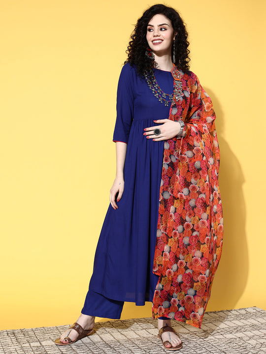 Ink Blue Long Anarkali Kurta Set With Red Rose Organza Dupatta