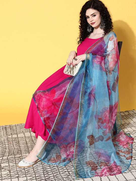 Strappy Set In Fuschia With Blue Fuschia Organza Dupatta