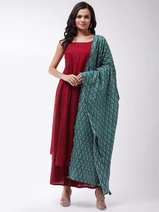 Maroon Strappy Kurta Palazzo Set With Green Kantha Dupatta