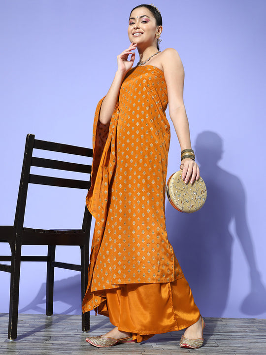 Mustard Gold Print One Shoulder Kurta Set