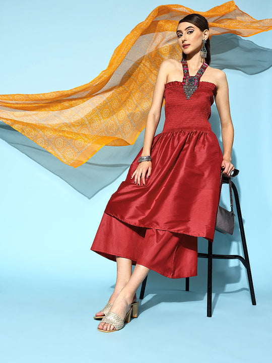 Maroon Off Shoulder Silk Kurta Set - Mustard Kota Bandhej Dupatta