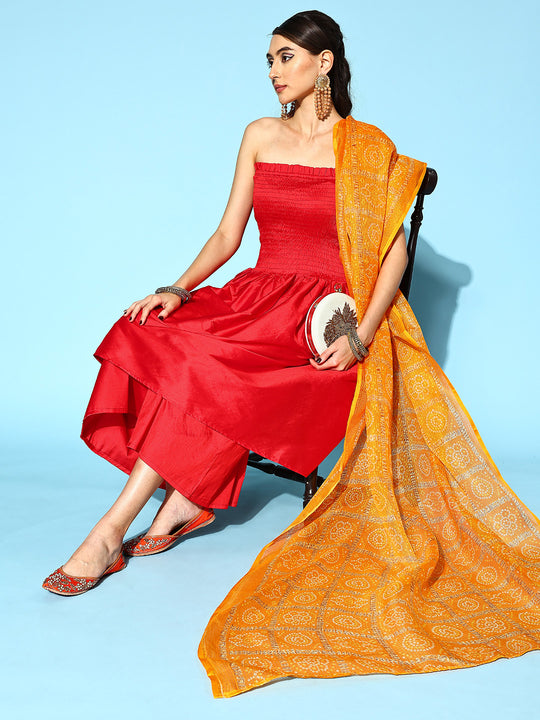 Red Off Shoulder Silk Kurta Set Mustard Kota Bandhej Dupatta
