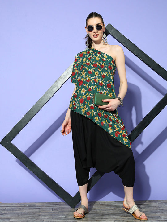 Green Kalamkari One Shoulder Top Black Harem Set