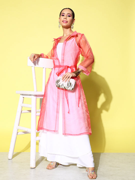 CREAM STRAPPY KURTA SET WITH PINK ORGANZA CAPE