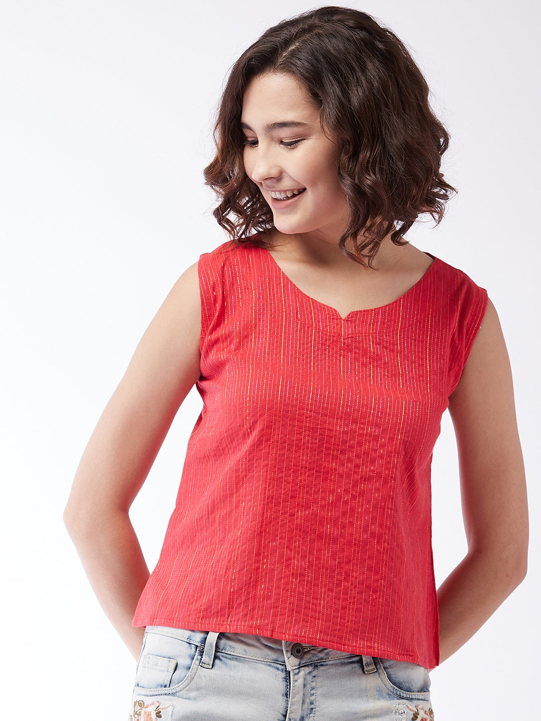 Red Kantha Sleeveless Top For Teens