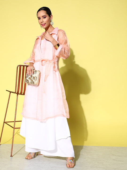 CREAM STRAPPY KURTA SET WITH PEACH ORGANZA CAPE