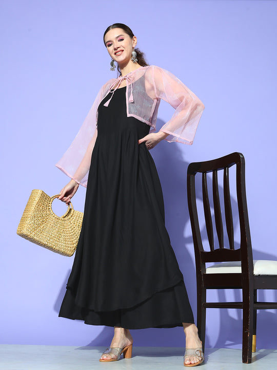 BLACK STRAPPY SET WITH PINK CHINTZ PRINT SHORT ORGANZA CAPE