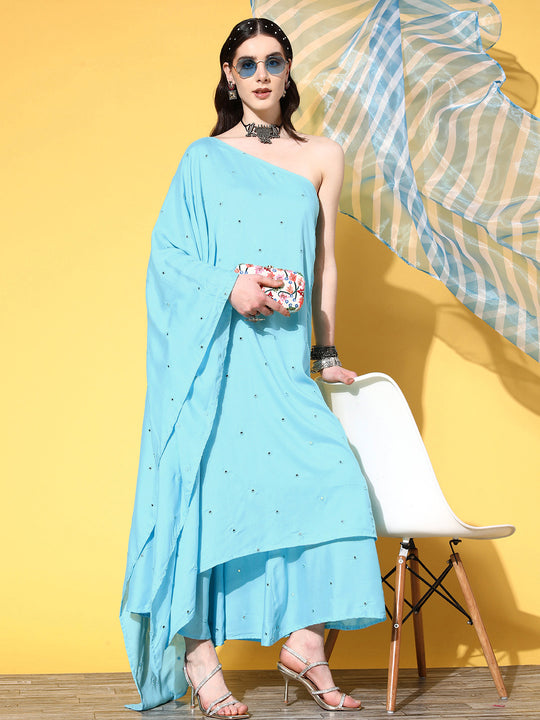 Sky Blue Mirror Work One Shoulder Kurta Set With Dupatta