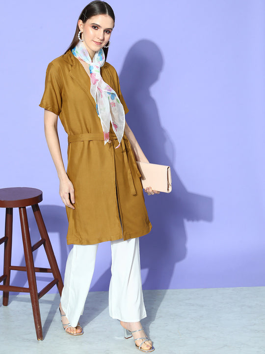 CAMEL BROWN CREAM PANT COORD SET WITH WHITE BUTTERFLY SCARF