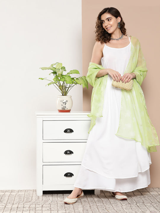 Cream Strappy With Green White Chintz Organza Dupatta