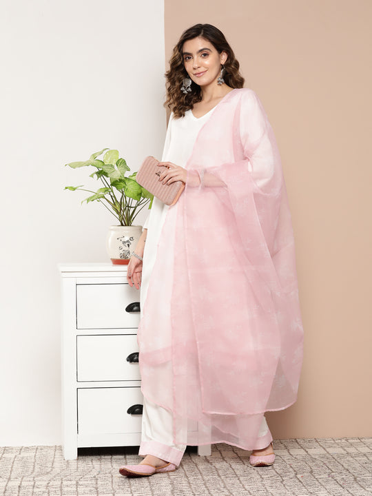 Cream Straight Kurta Set W Pink White Print Organza Dupatta