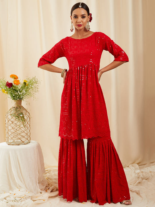 Ruby Red Chikankari Set