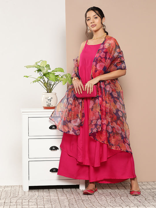 Fuchsia Strappy Set With Navy Floral Organza Dupatta