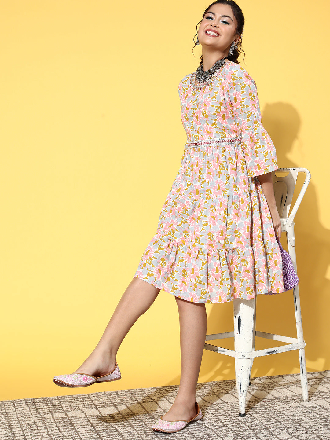 Peach Floral Print Belted Dress