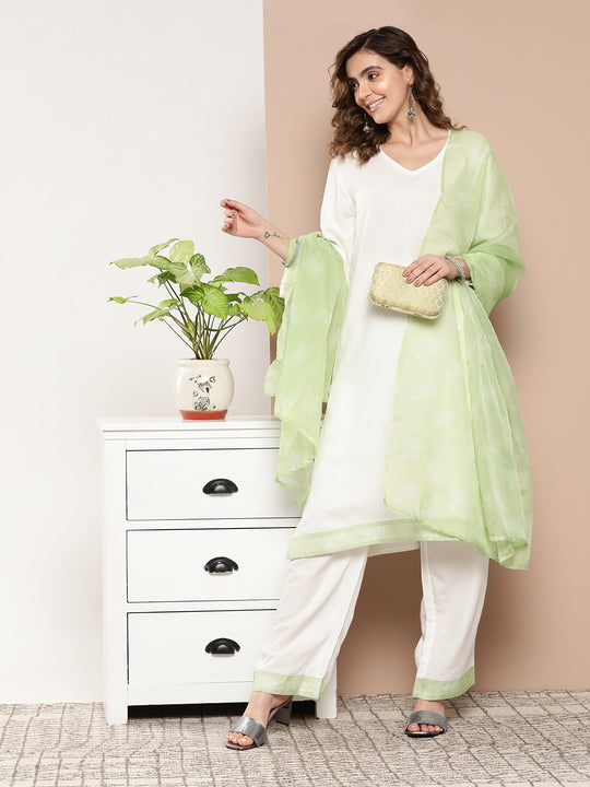 Cream Straight Kurta Set W Green White Print Organza Dupatta