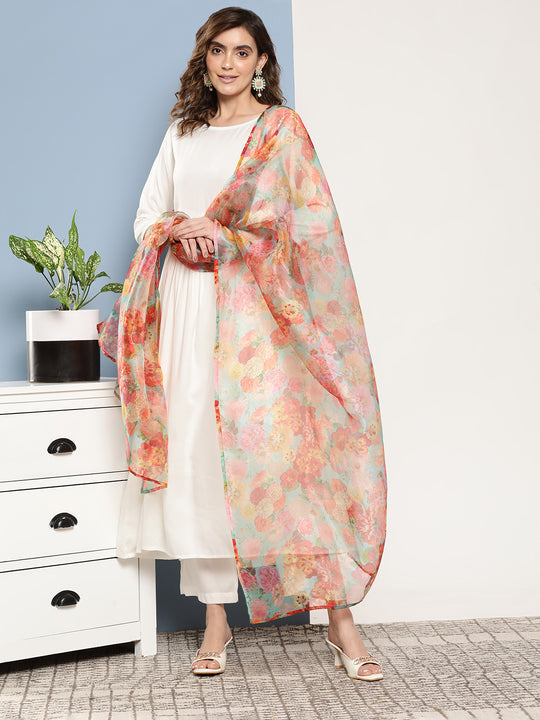 Cream Anarkali Set With Green Organza Dupatta